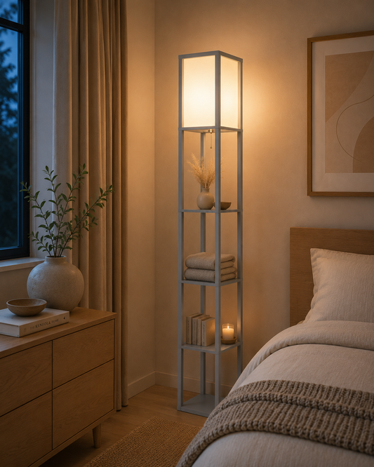 4‑Tier Storage Floor Lamp – Grey