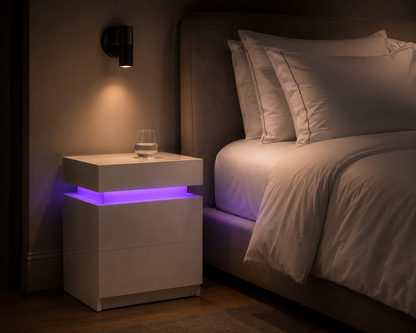 High Gloss 2‑Drawer LED Nightstand - White