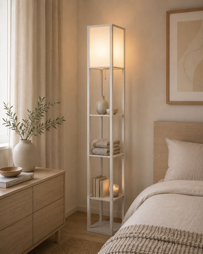 4‑Tier Storage Floor Lamp – White & Oak