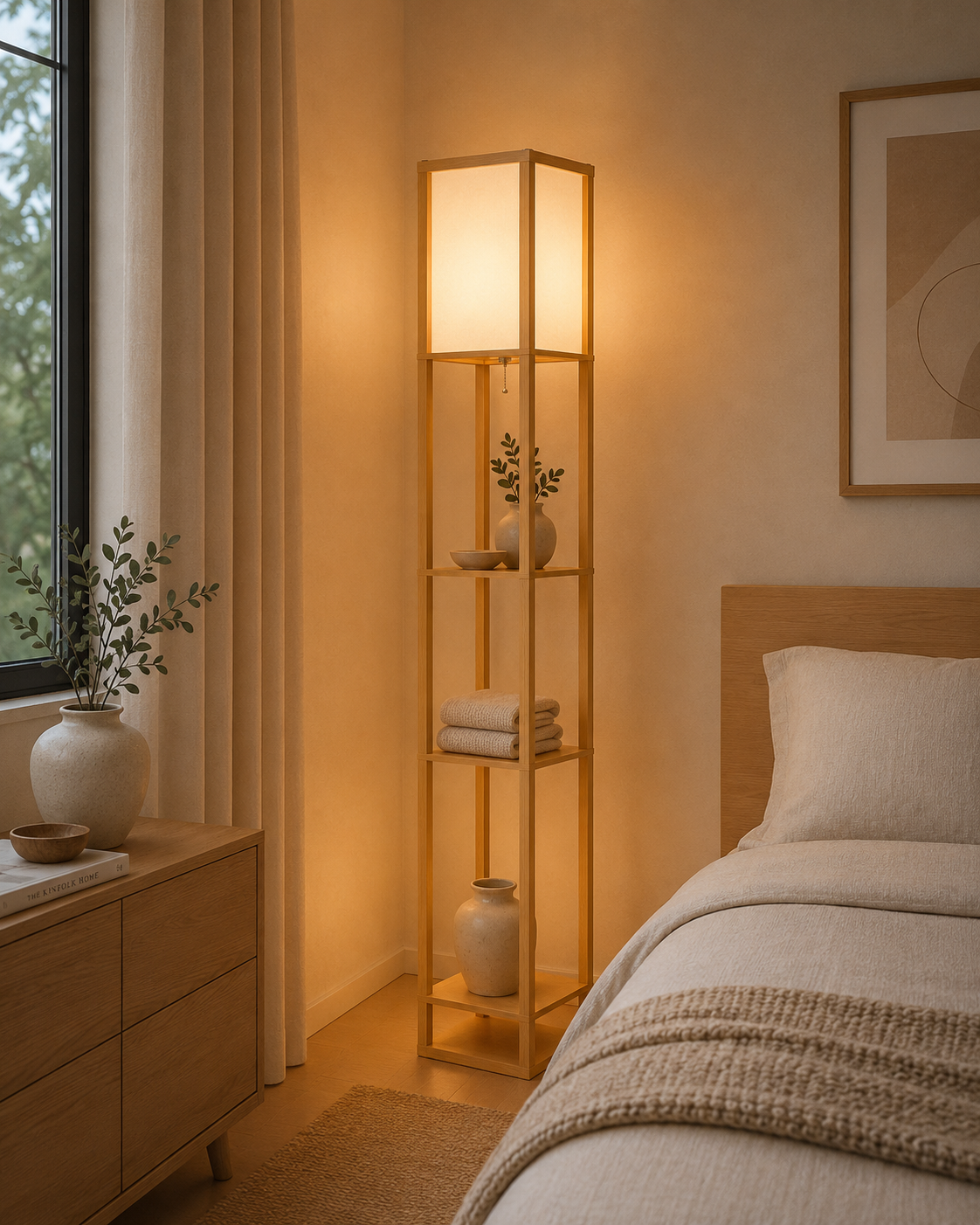 4‑Tier Storage Floor Lamp – Natural