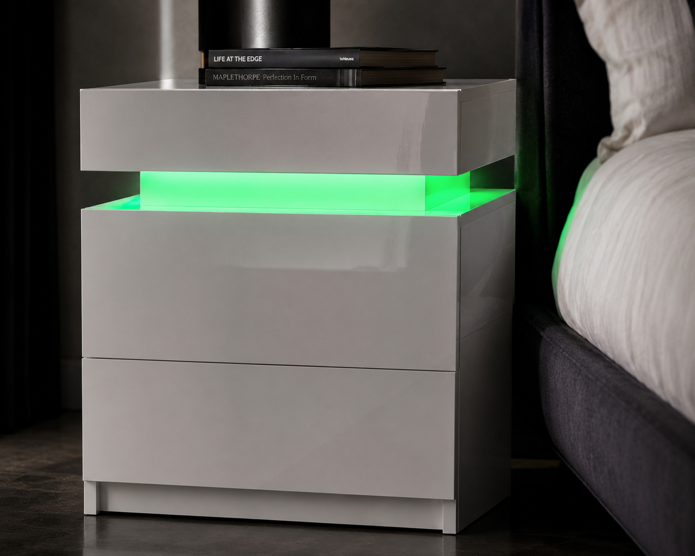 High Gloss 2‑Drawer LED Nightstand - White