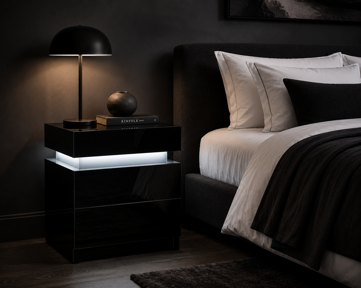 High Gloss 2‑Drawer LED Nightstand - Black