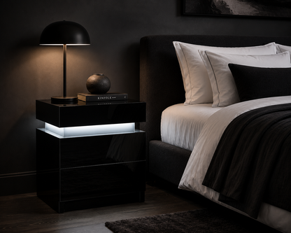 High Gloss 2‑Drawer LED Nightstand - Black