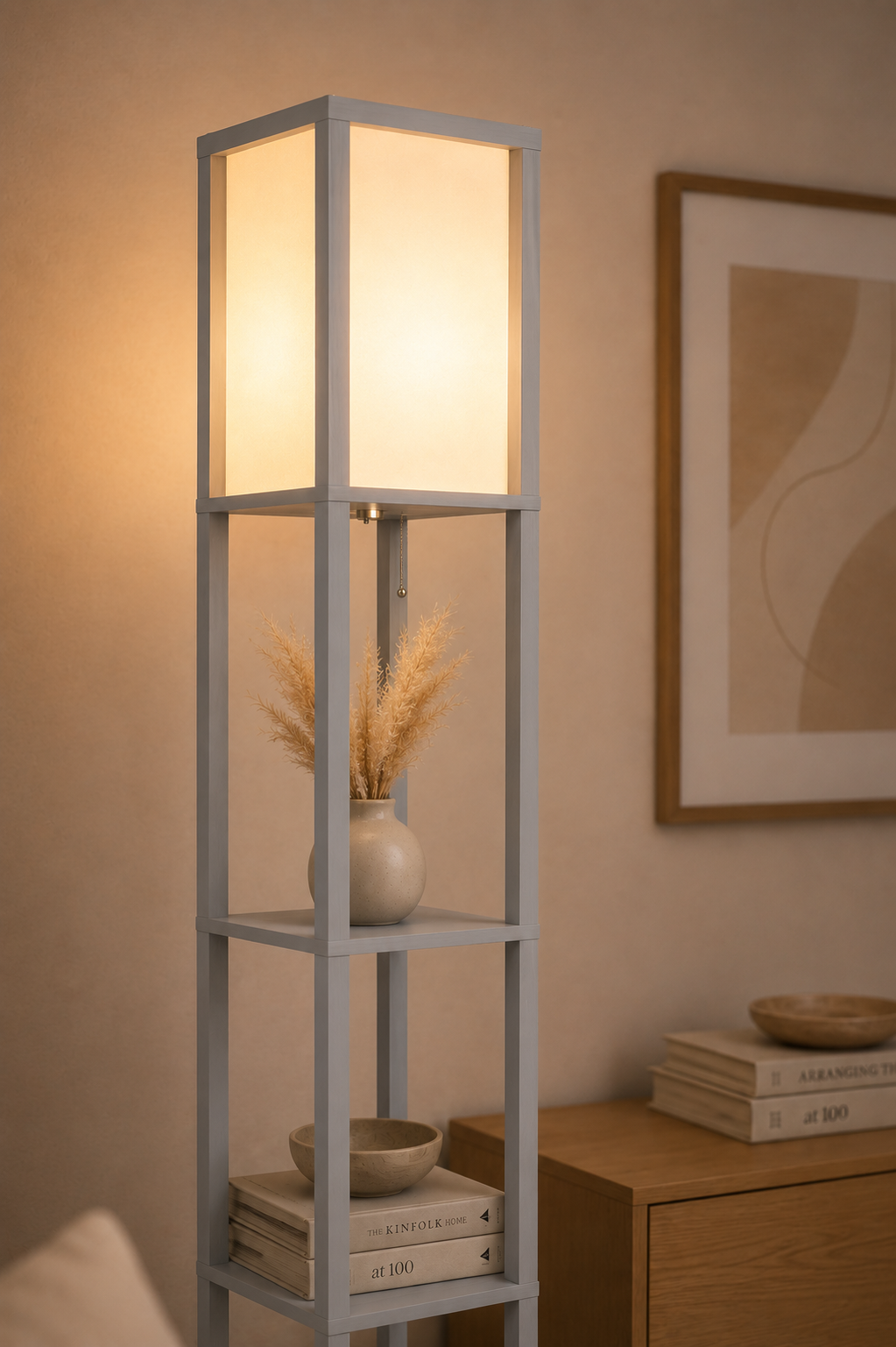 4‑Tier Storage Floor Lamp – Grey
