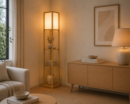 4‑Tier Storage Floor Lamp – Natural