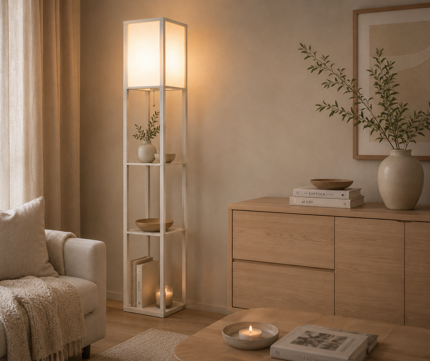 4‑Tier Storage Floor Lamp – White & Oak