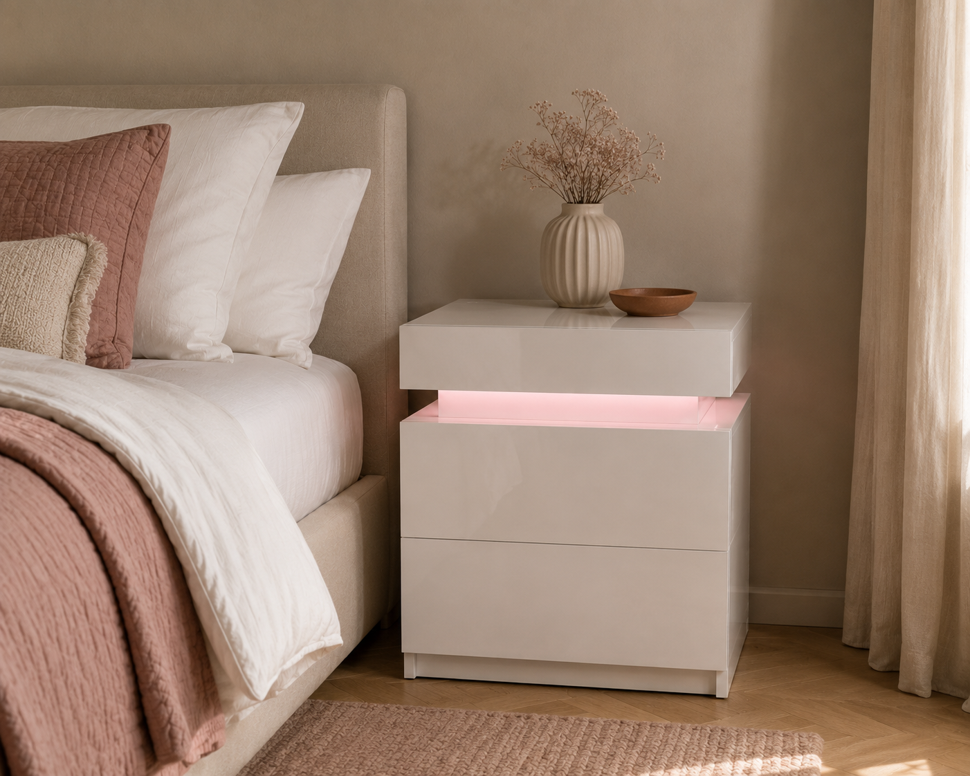 High Gloss 2‑Drawer LED Nightstand - White