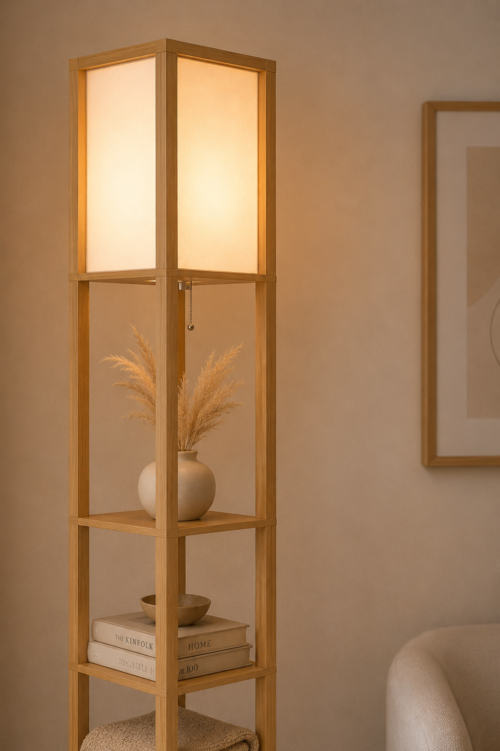 4‑Tier Storage Floor Lamp – Natural