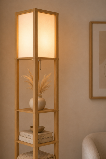 4‑Tier Storage Floor Lamp – Natural