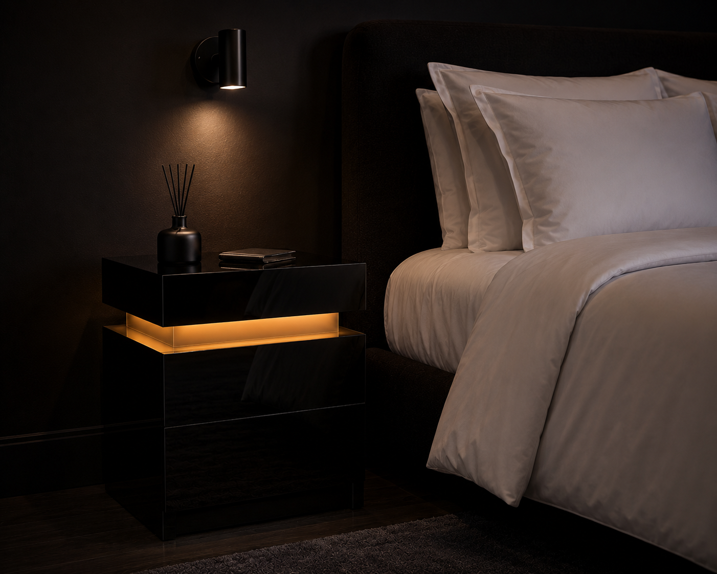 High Gloss 2‑Drawer LED Nightstand - Black