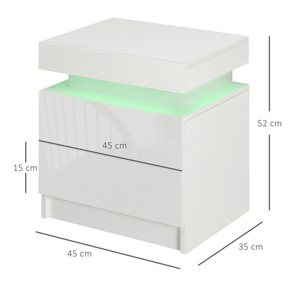 High Gloss 2‑Drawer LED Nightstand - White