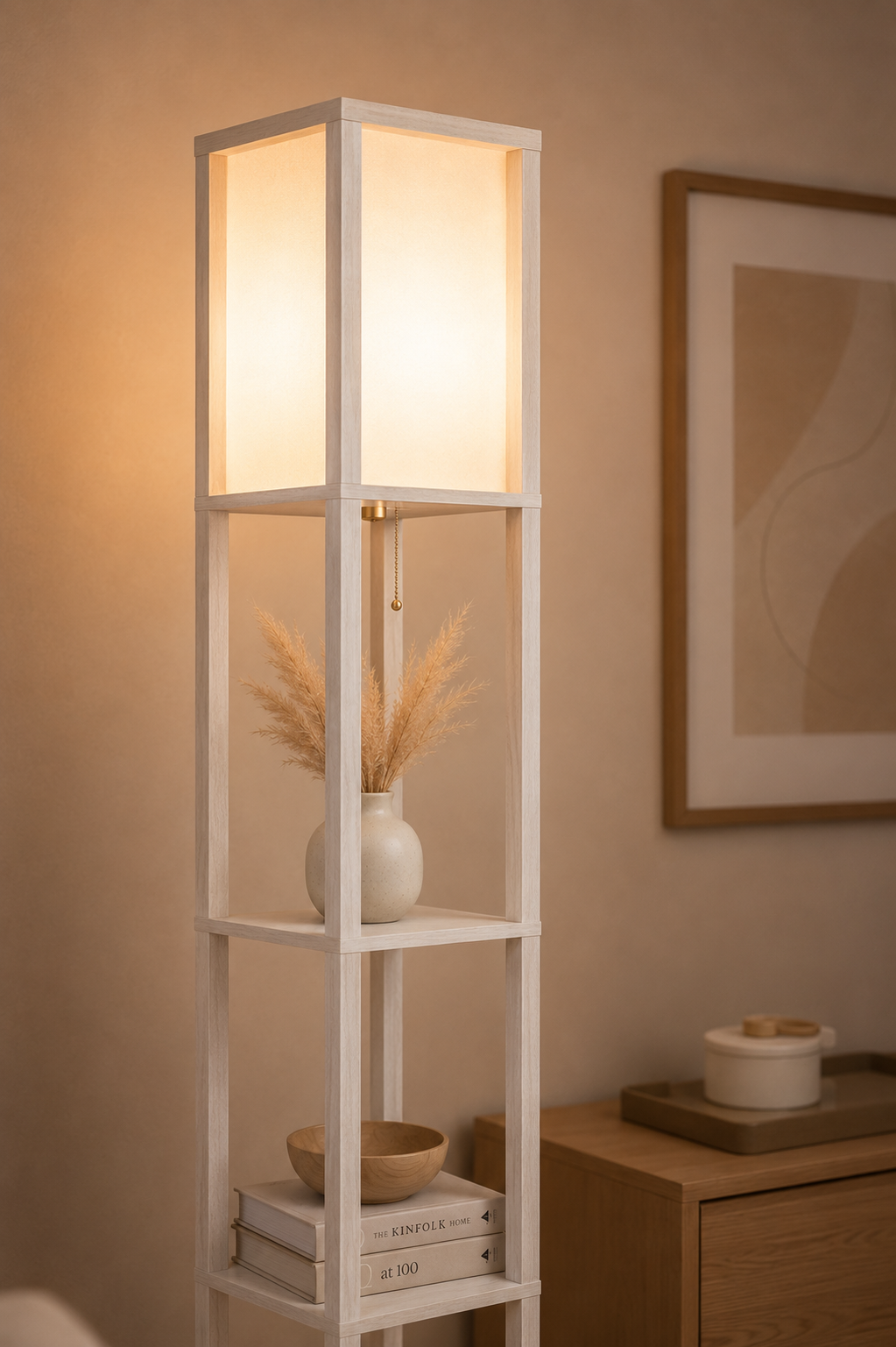 4‑Tier Storage Floor Lamp – White & Oak