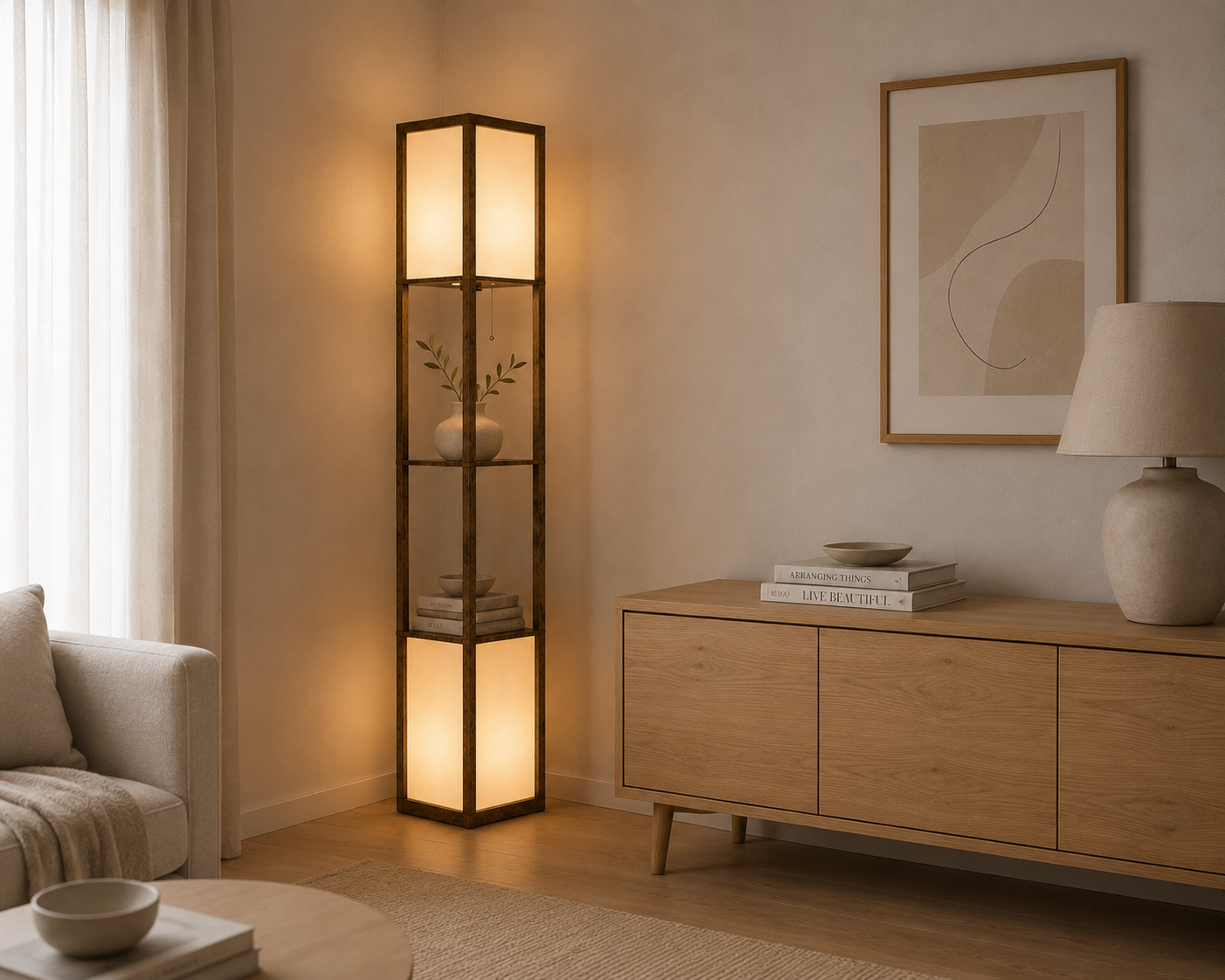 Modern Shelf Lamp with Dual Lighting - Brown
