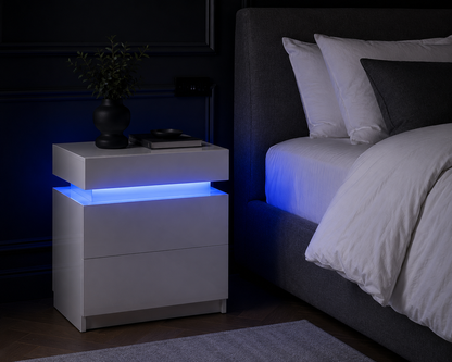 High Gloss 2‑Drawer LED Nightstand - White