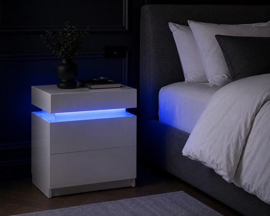 High Gloss 2‑Drawer LED Nightstand - White