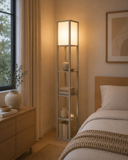 4‑Tier Storage Floor Lamp – Grey