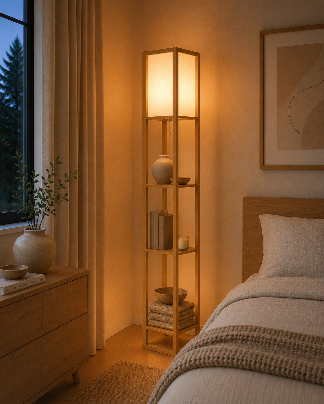 4‑Tier Storage Floor Lamp – Natural