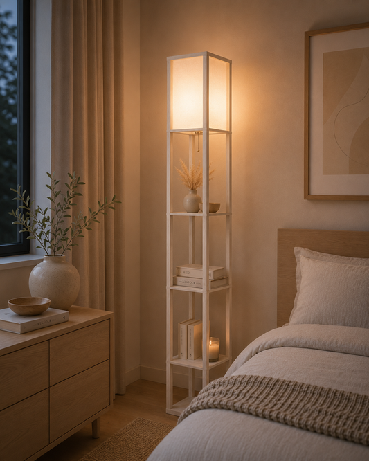 4‑Tier Storage Floor Lamp – White & Oak