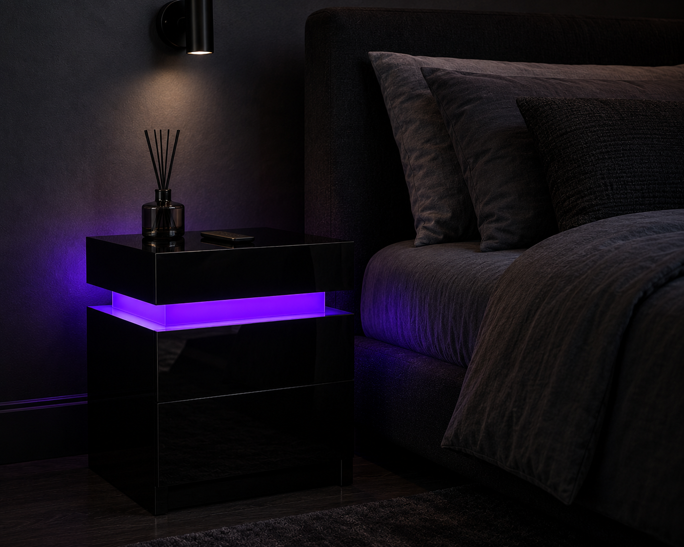 High Gloss 2‑Drawer LED Nightstand - Black