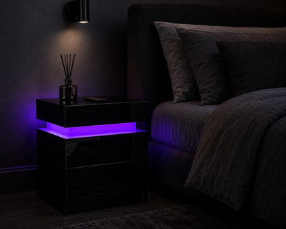 High Gloss 2‑Drawer LED Nightstand - Black