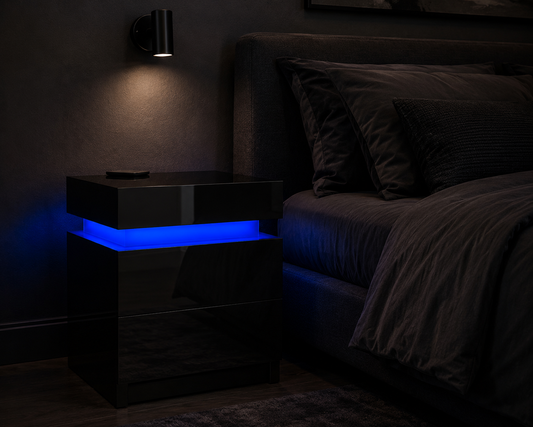 High Gloss 2‑Drawer LED Nightstand - Black