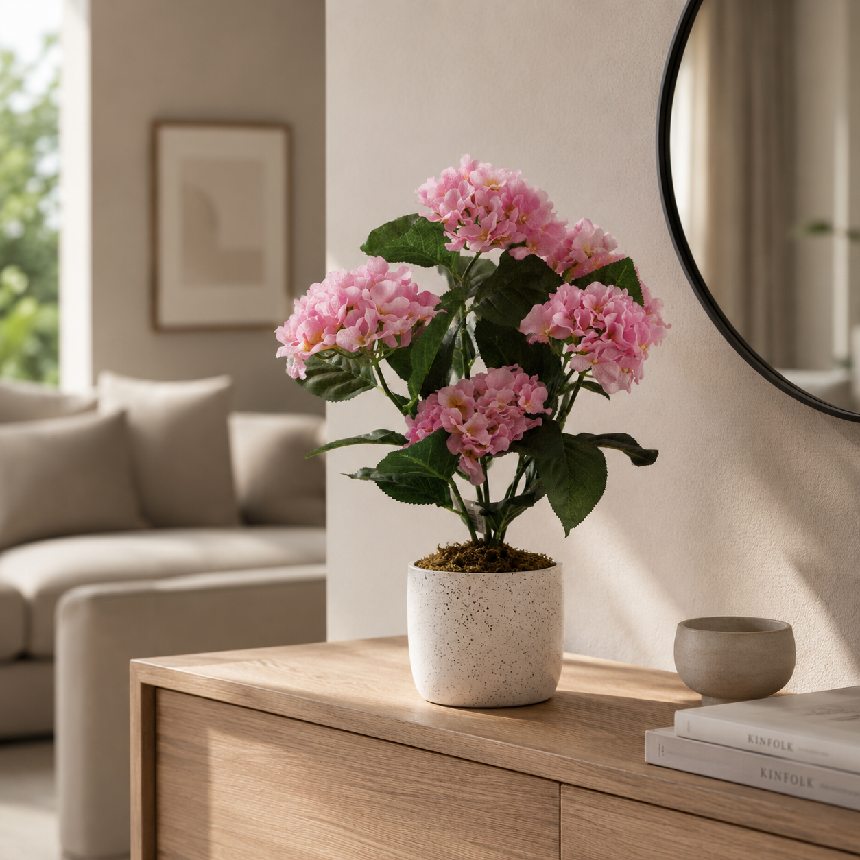 Potted Artificial Pink Hydrangea