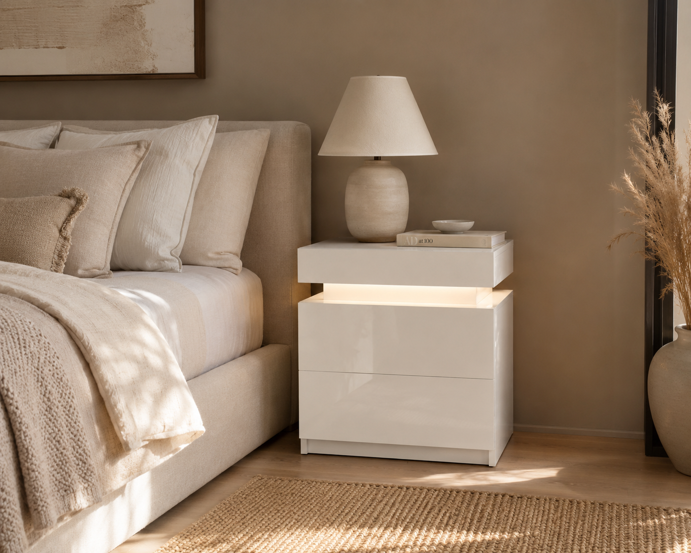 High Gloss 2‑Drawer LED Nightstand - White
