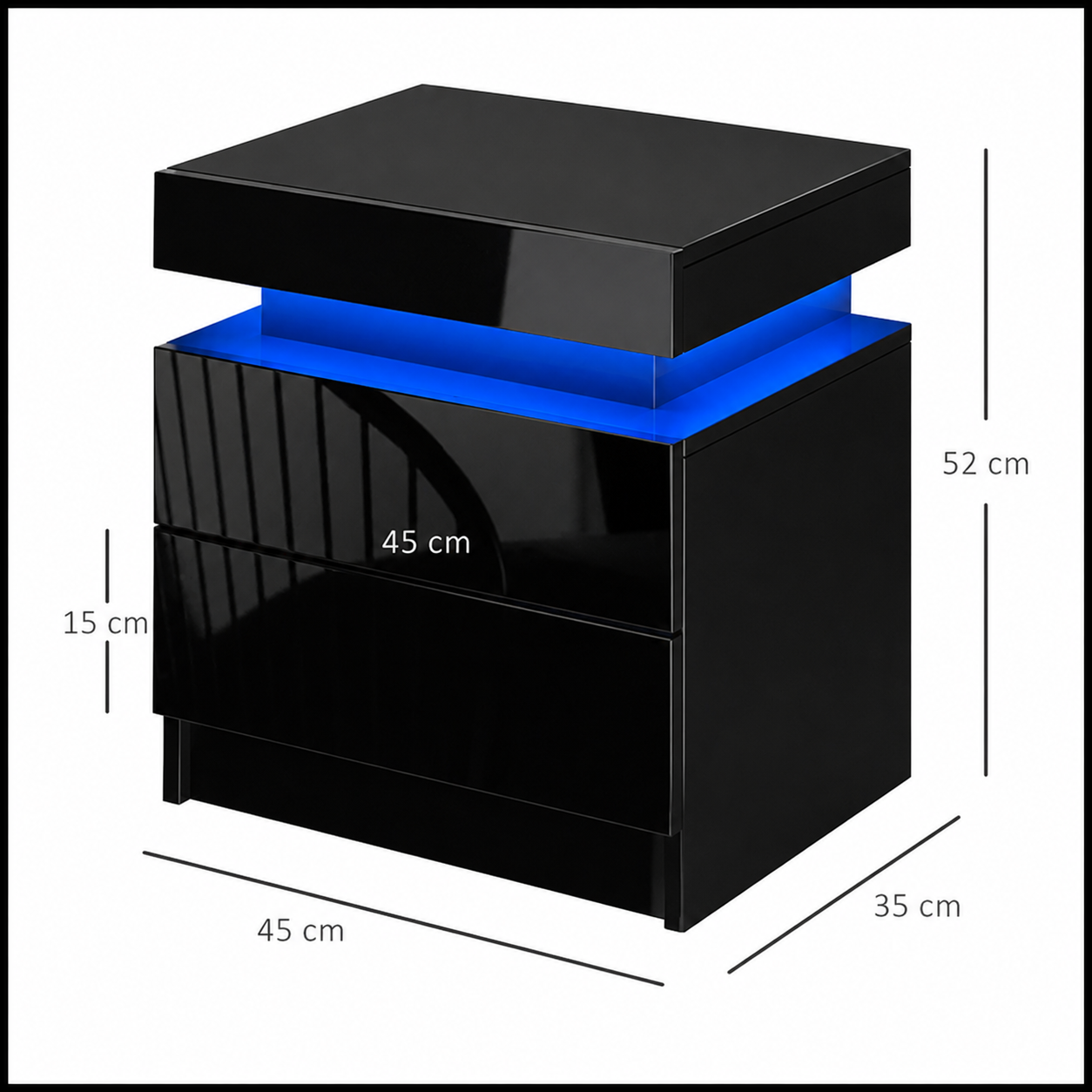 High Gloss 2‑Drawer LED Nightstand - Black