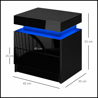 High Gloss 2‑Drawer LED Nightstand - Black